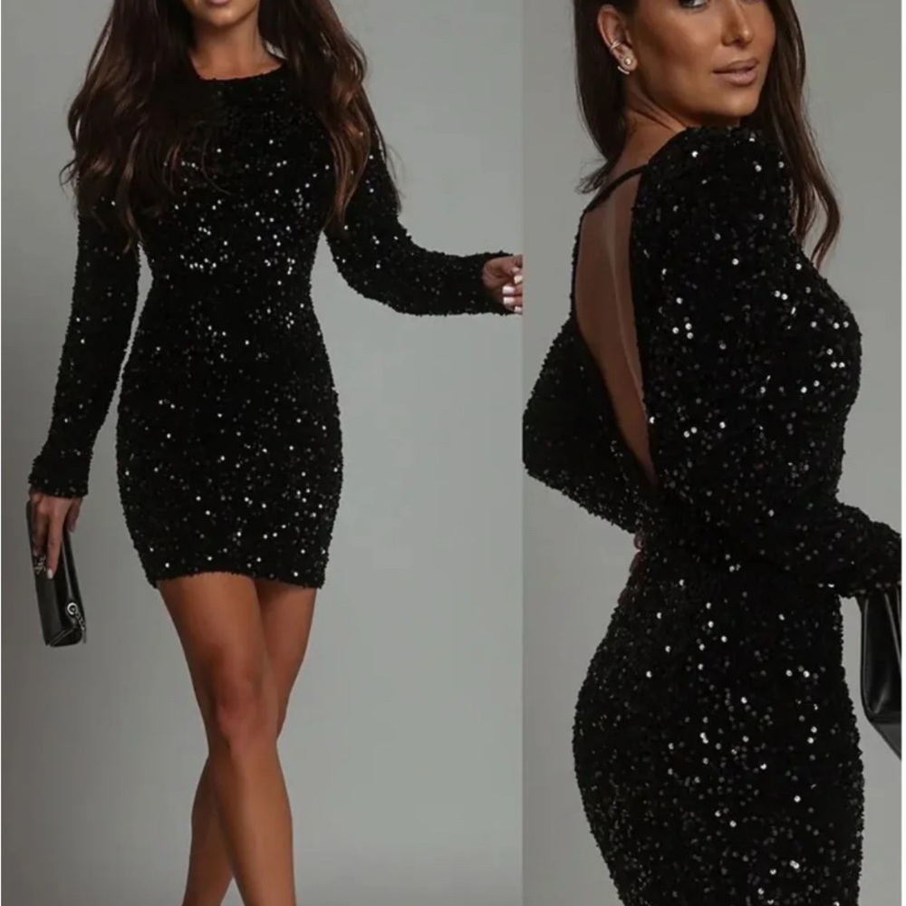 Sparkly Slim Fit Long Sleeve Dress Sequined Mini Cocktail Dress for Parties
